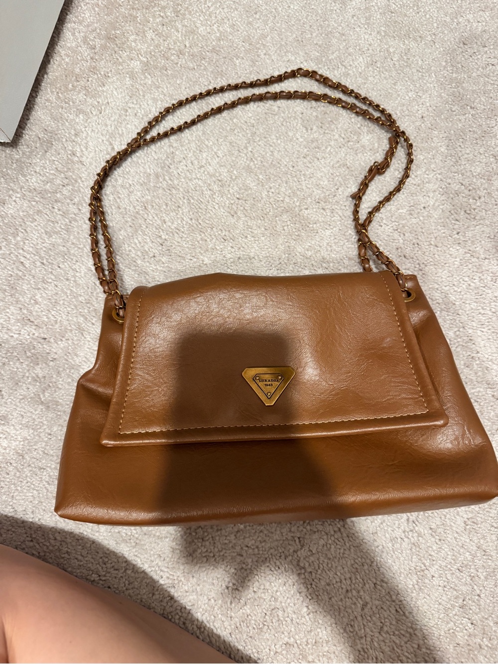 Camel Leather-Effect Shoulder Bag with Chain Strap
